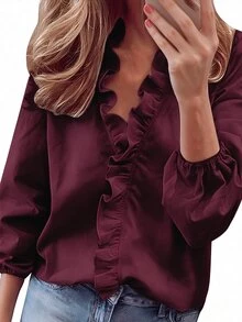 EMERY ROSE Elegant White Silky Summer Shirt For Women,Ruffled Lantern Long Sleeve Blouse,Plus Size Autumn Clothing,Everyday Work Elegant White Ruffle Blouses - Multicolor - View 1