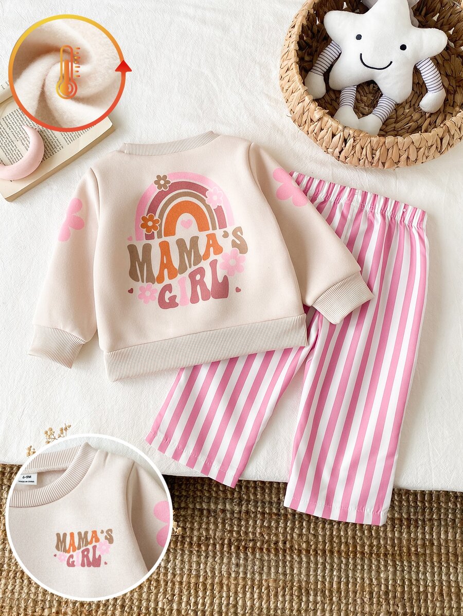 SHEIN 2pcs/Set Baby Girl Cute "MAMA'S GIRL" Letter Flower Print Pullover Top With Pink Striped Trousers Casual Outfit Fall/Winter - Pink - View 1