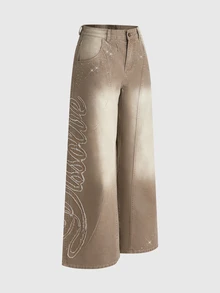 ROMWE Street Life Vintage Washed Street Patchwork Embroidery Distressed Rhinestone Light Jeans - Brown - View 1