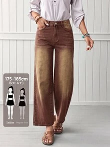 SHEIN Tall 女款直筒寬鬆休閒百搭牛仔褲，附口袋 - 咖啡棕 - 查看 1