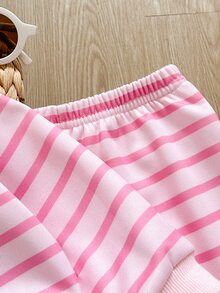 SHEIN 女嬰新生兒可愛熊刺繡圖案條紋圓領套頭衛衣與鬆緊腰長褲2件套，適合秋冬，百搭時尚休閒 - 彩色 - 查看 5