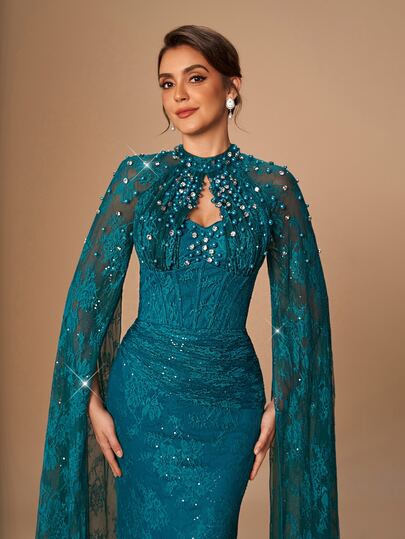 Serin Elegant Luxurious Blue Sequin Lace Inlaid Bubble Knit Ruched Mermaid Skirt With Detachable Sleeves, Suitable For Wedding, Party, Bachelorette, Vacation, Ball, Evening Gala (Heavy Workmanship Style)