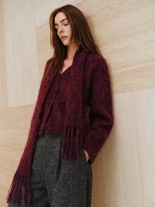 MOTF PREMIUM WOMEN'S SOLID COLOR LONG SLEEVE TOP AND SCARF CASUAL KNIT SET - Burgundy - View 7