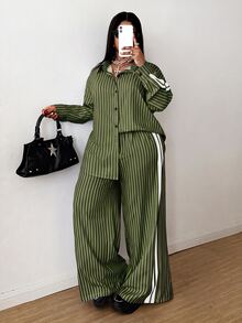 Maweii 2件組女款條紋休閒寬鬆襯衫與印花長褲套裝，通勤風格，秋冬季 - 綠色 - 查看 1