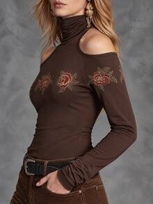 Solivie Women's Autumn Cold Shoulder Printed Coffee Color T-Shirt Top Fall Clothes For Women - Coffee Brown - View 6
