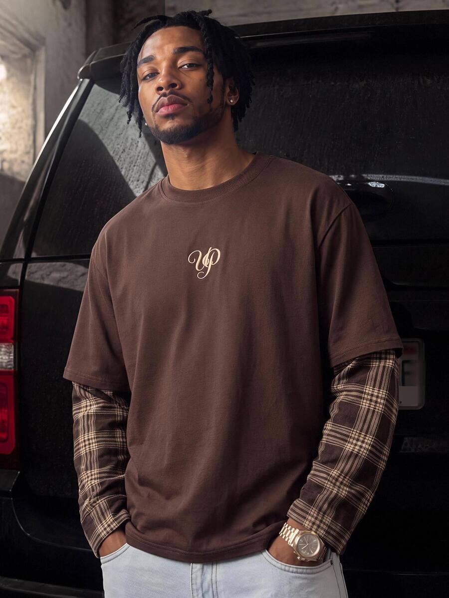 GETOML Men's Casual Commute Street Plaid Patchwork Mock Layered Patchwork Contrast Color 2 In 1 T-Shirt Autumn City Break , Street T-Shirt, Long Sleeve Top, - Brown - View 1