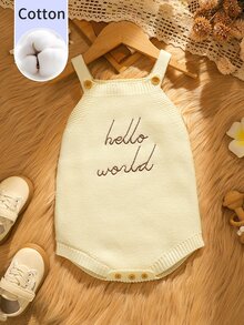 SHEIN Infant Cami Sweater Romper Hello World Letter Embroidery Knit Camisole Newborn Commemorative Outfit Minimalist Baby Clothing - Beige - View 4