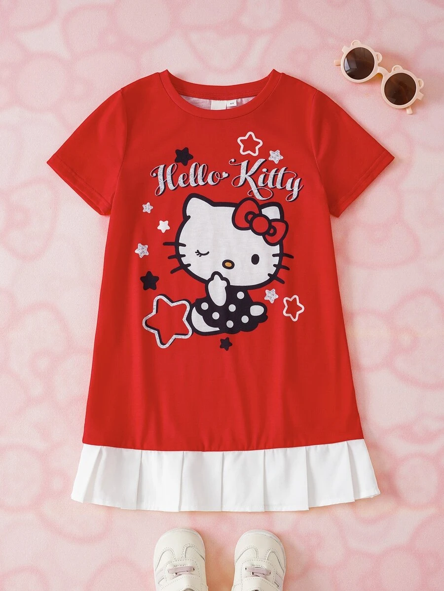 HELLO KITTY AND FRIENDS | SHEIN 女童字母卡通印花休閒日常夏季洋裝 - 彩色 - 查看 1