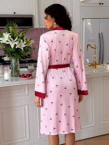 SweetSlumber Sweet Cute Contrast Color Cherry Plaid Print Contrast Color Tie Comfortable Velvet Women's Robe - Pink - View 4