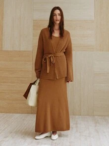 MOTF PREMIUM WOMEN'S LOOSE WOOL SWEATER CARDIGAN WITH TIE CLOSURE, CASUAL AUTUMN/WINTER OUTERWEAR - Camel - View 5