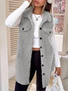 SHEIN EZwear 女款大腿長棕色法蘭絨泰迪外套，領口設計，寬鬆版型，適合秋冬穿著 - 淺灰色 - 查看 6