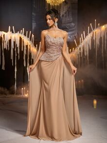 Glamrae Elegant Champagne Sequin Sequins Chiffon Strapless Sweetheart Ruched Draped Peplum Cape Mermaid Train Wedding Guest Prom Ball Autumn Evening Gown - Champagne - View 4