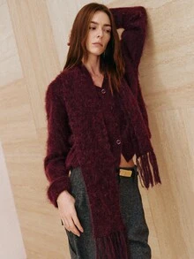 MOTF PREMIUM WOMEN'S SOLID COLOR LONG SLEEVE TOP AND SCARF CASUAL KNIT SET - Burgundy - View 5