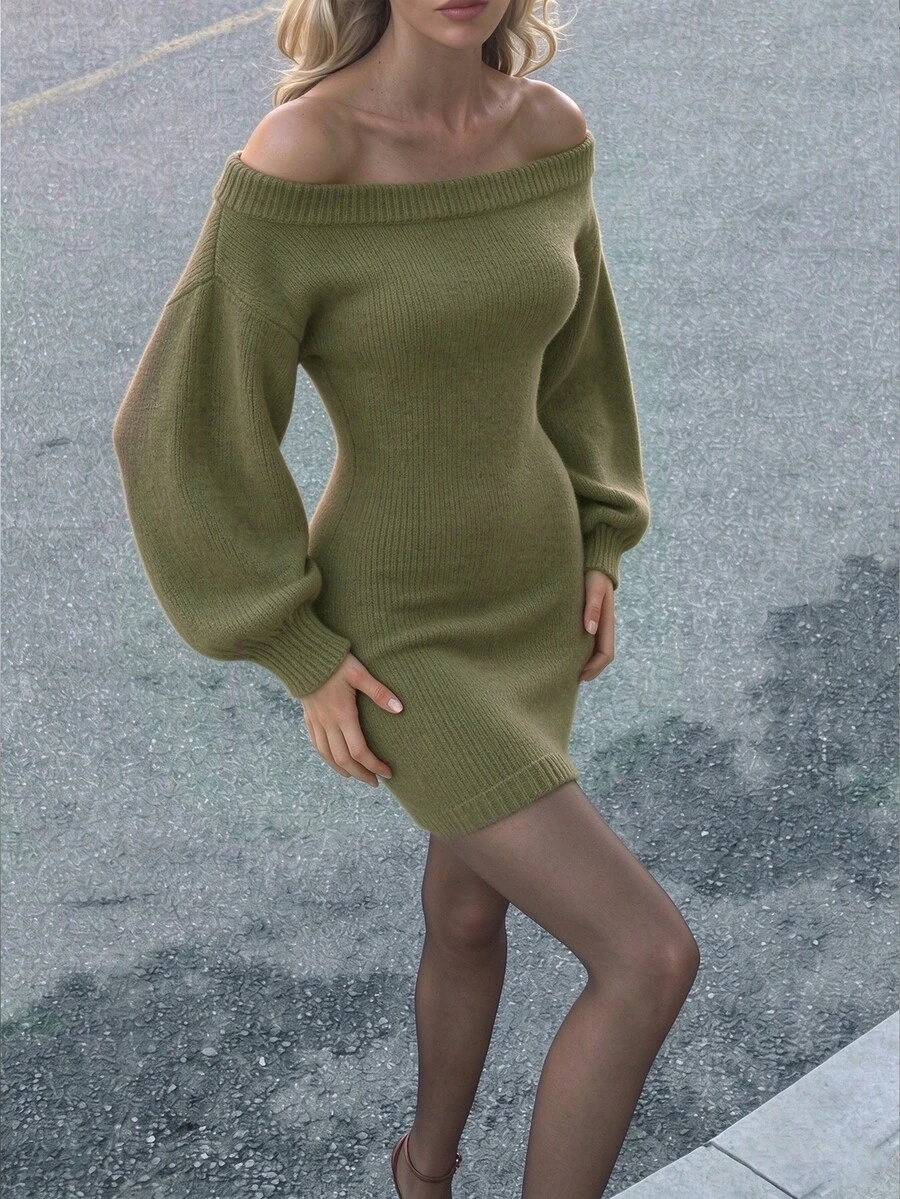 INAWLY Army Green Knit Off-Shoulder Sexy Elegant Date Night Dress - Army Green - View 1