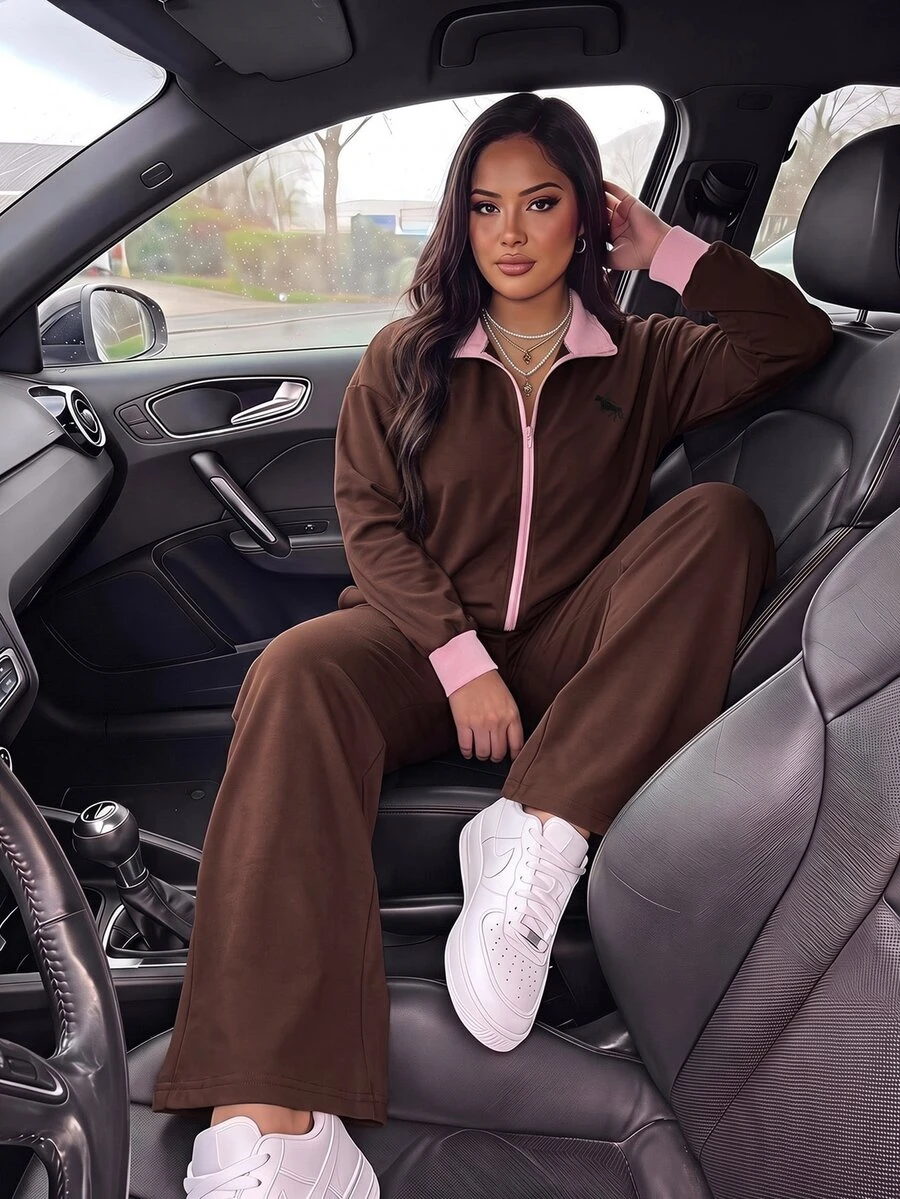 SHEIN EZwear 大尺碼拼色拉鍊長袖運動衫與寬鬆長褲兩件套,棕色休閒寬鬆性感,適合秋季旅行、派對與居家 - 鏽棕色 - 查看 1