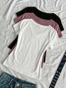 SHEIN EZwear 3件組女款夏季V領修身T恤，龐克次文化動漫純色基礎款短袖修身T恤 - 彩色 - 查看 2
