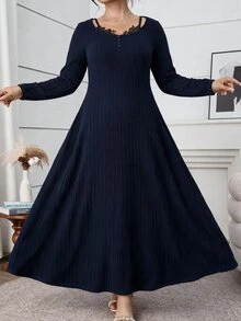 Feyla Plus Size Women's Contrast Lace Long Sleeve Elegant Dress - Navy Blue - View 5