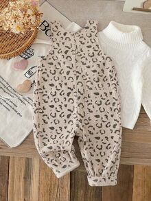 SHEIN 嬰兒女童中性 0-3 歲幼兒 春/秋季 心形印花粉色燈芯絨吊帶褲套裝，胸前口袋設計，休閒版型，適合外出與休閒穿著 - 杏色 - 查看 2