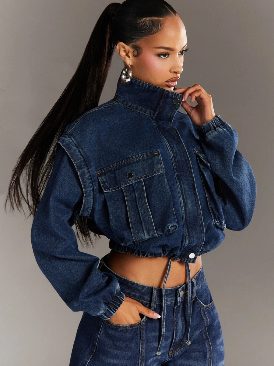 Denimoi Stylish Turtleneck Pocket Cargo Denim Jacket - Dark Wash - View 1