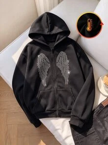 SHEIN 1件青少年女孩休閒極簡字母印花口袋拉鍊連帽長袖衛衣外套，街頭風，秋冬必備 - 黑色 - 查看 3