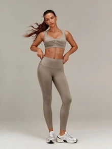 GLOWMODE Seamless Summer Glow Racerback Sports Bra With Mock 2-In-1 Push-Up Design & Removable Cups Low Impact Yoga Pilates Studio Active Wear - Khaki - View 4