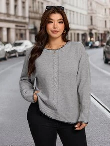 SHEIN LUNE 大尺碼秋冬休閒灰色粗針編織套頭毛衣 - 灰色 - 查看 5
