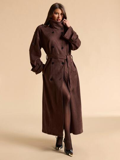 SHEIN BAE Casual Style Stand Collar Suede Long Sleeve Double-Breasted Tie-Up Versatile Commute Outdoor Minimalist Long Coat