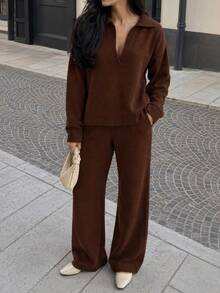 CLARA VERO Shirt Collar Knit Palazzo Set, Oversize Fit, Daily Or Home, Polo Neck, Pocket Pant, Wide Leg - Brown - View 9