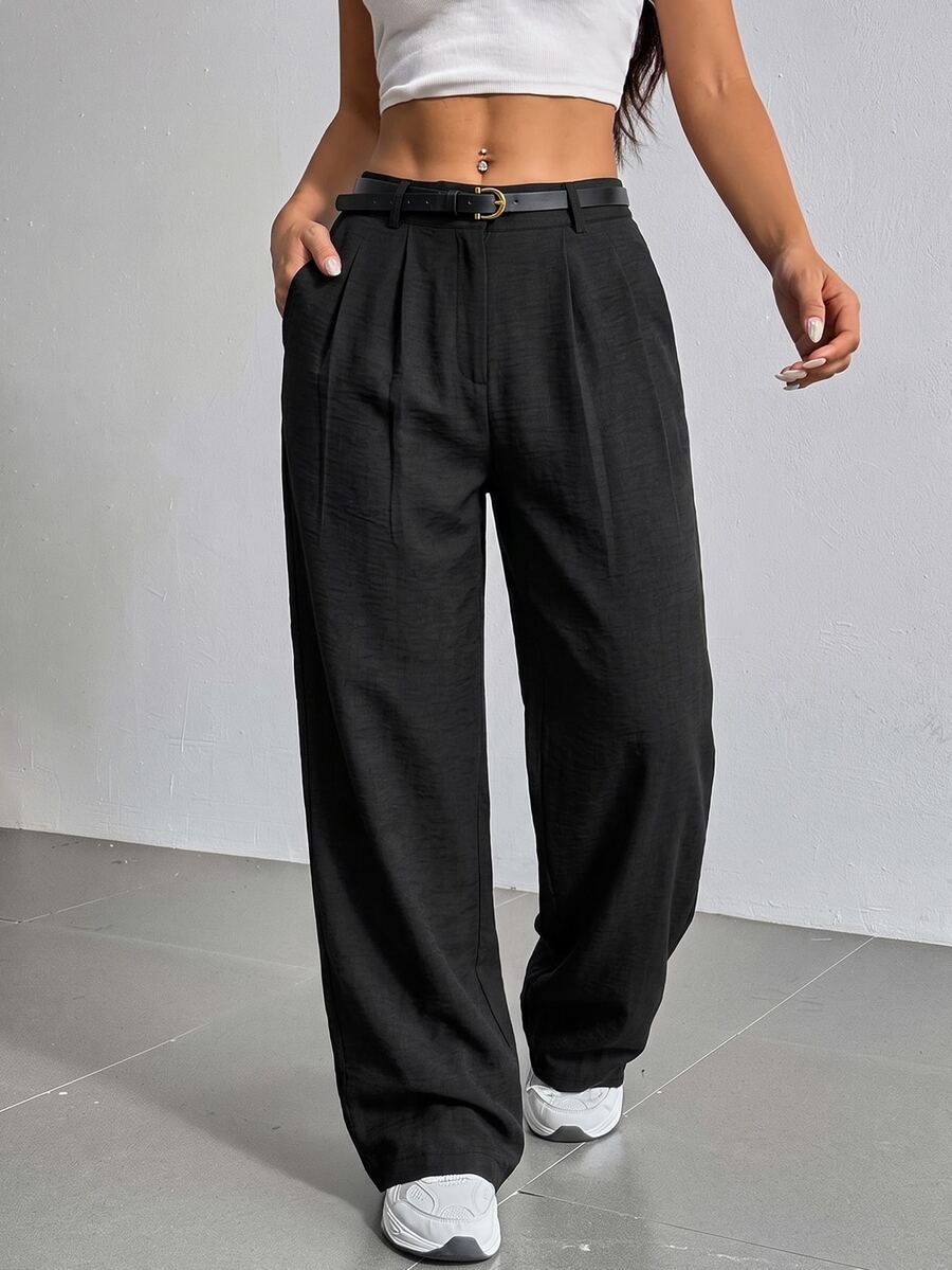 Solflare Plus Size Women's Pleated Pocket Straight Leg Loose Black Pants - Black - View 1