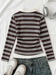 SHEIN Tween Girls Tween Girl Tween Girl Autumn Coffee Striped Lace Trim Patchwork Long Sleeve T-Shirt Casual Daily Holiday - Coffee Brown - View 2