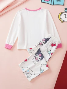HELLO KITTY AND FRIENDS | SHEIN Young Girl Cartoon Pattern Long Sleeve Top And Pants Casual Daily Home Pajama Set - Multicolor - View 2