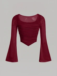 SHEIN Girlism Tween Girls Knitted Solid Color Square Neckline Mesh Bell Sleeve Ruched Long Sleeve T-Shirt Kids - Burgundy - View 2