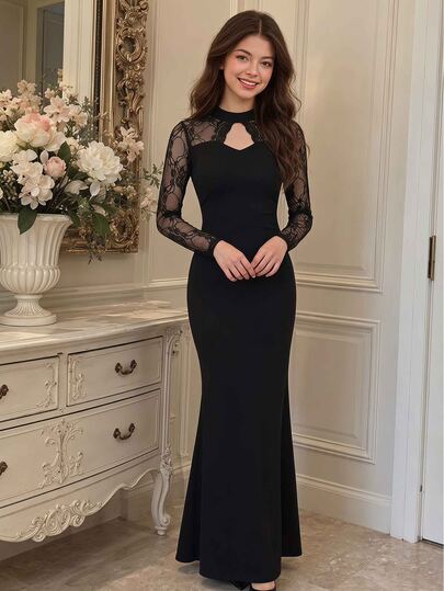 SHEIN Gaun Maxi Pas Badan Lengan Panjang Leher Tinggi dengan Detail Renda Kontras Elegan untuk Remaja Perempuan, Warna Hitam Polos, Cocok untuk Pesta Musim Gugur