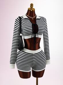 Mistrie Women's Tie-Front Cropped Long Sleeve Sweater And Striped Knit Shorts 2 Pieces Set - Multicolor - View 4