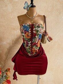 Soleia Women's Floral Print Ruched Elegant Waist-Cinching Strapless Mini Dress For Date - Red - View 7