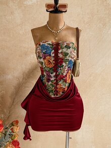 Soleia Women's Floral Print Ruched Elegant Waist-Cinching Strapless Mini Dress For Date - Red - View 8