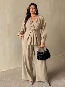 Auralis Plus Size Cross V-Neck Metal Buckle Decor Long Sleeve Top & Straight Leg Pants/Elastic Waistband Set/Khaki – Work/Casual - Khaki - View 1