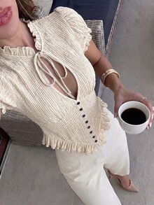 Firerie Lace-Up Hollow V-Neck Short Sleeve Top, Single-Breasted Ruched Waist Cropped Textured Sexy Romantic Elegant Blouse Brunch Date Brown Summer - Apricot - View 7