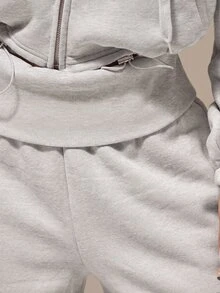 MUSERA ESSENTIALS Off White Fleece Foldover Ribbed Waistband Relaxed Wide Leg Pants Basics Loungewear Casual Everyday Essentials - Grey - View 5