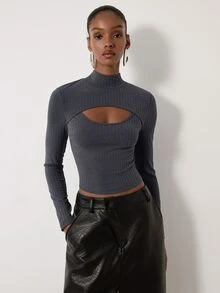 MERLEAU Women's Modern Ribbed Fabric Solid Color Long Sleeve Cutout Design Casual Top - Grey - View 1