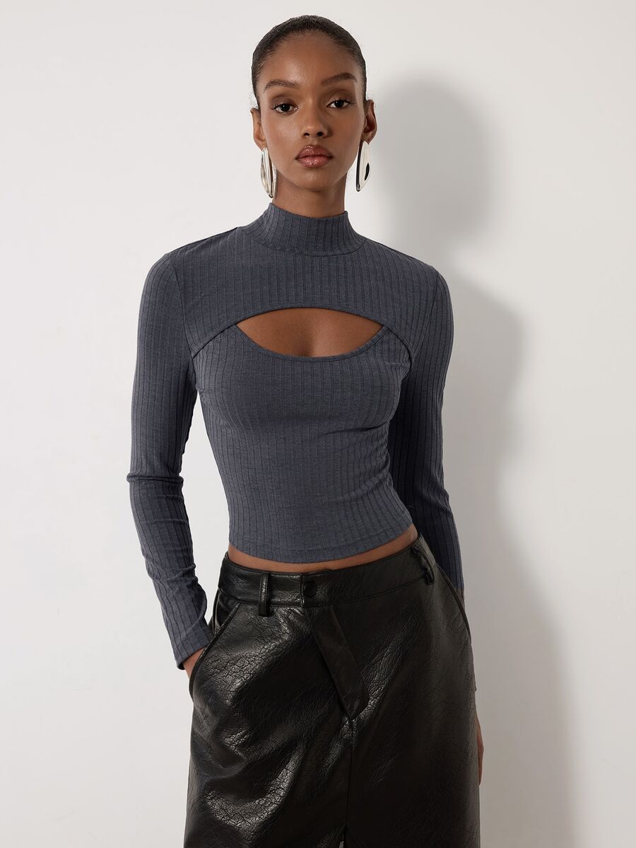 MERLEAU Women's Modern Ribbed Fabric Solid Color Long Sleeve Cutout Design Casual Top - Grey - View 1