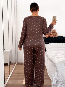 Napfluff CURVE Napfluff CURVE Plus Size Women's Casual Knit Contrast Lace Bow Print Loungewear Pajama Set - Brown - View 2