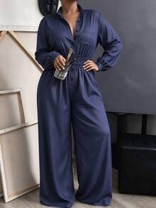 Linhara CURVE Plus Size ButtonFront Overall, Long Sleeve Elastic High Waist Loose Wide Leg Jumpsuit - Navy Blue - View 4