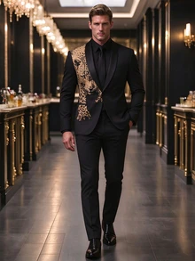 Manfinity AFTRDRK Men's Fashion Printed Single-Breasted Suit Jacket And Pants Set, For Parties And Performances, Formal Occasions, And Ceremonies - Black - View 4