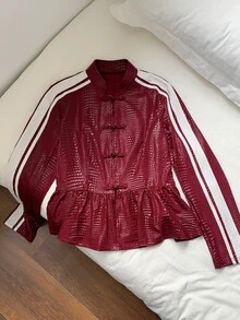 Comfortcana Women's Side Stripe Button Placket Ruffle Hem Regular Jacket - Red - View 3