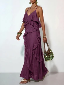 Zivah Women's Solid Color Multi-Layer Ruffle Fashion Vacation Spaghetti Strap Dress - Purple - View 4