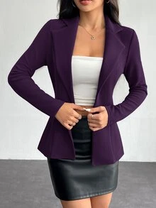 SHEIN PETITE 女款翻領單扣西裝外套，秋冬辦公穿搭，適合嬌小身型女性 - 紫色 - 查看 7