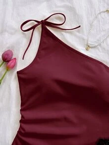 Soleia 不對稱繫帶單肩修身蕾絲拼接上衣，女款，適合約會、夜店、波希米亞風，黑色與米色，夏季，無胸墊 - 酒紅色 - 查看 6
