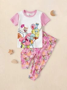 SpongeBob SquarePants | SHEIN Baby Girl Cartoon Print Short Sleeve Top And Long Pants Casual Daily Home Sleepwear Set - White - View 1