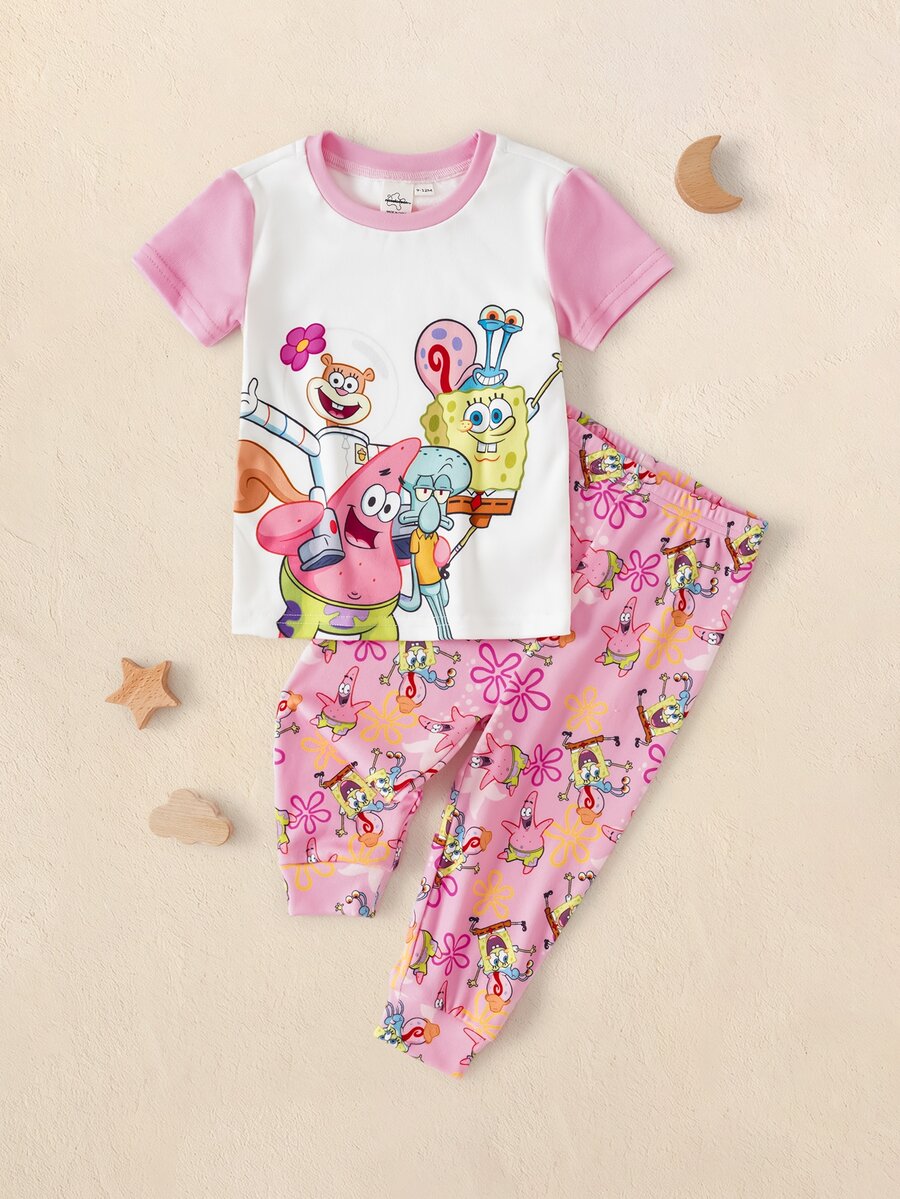 SpongeBob SquarePants | SHEIN Baby Girl Cartoon Print Short Sleeve Top And Long Pants Casual Daily Home Sleepwear Set - White - View 1
